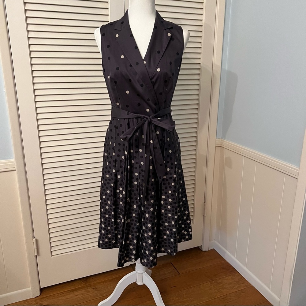 Anne Klein Gray Black White Polka Dot Sleeveless Fit & Flare Dress Size 6
